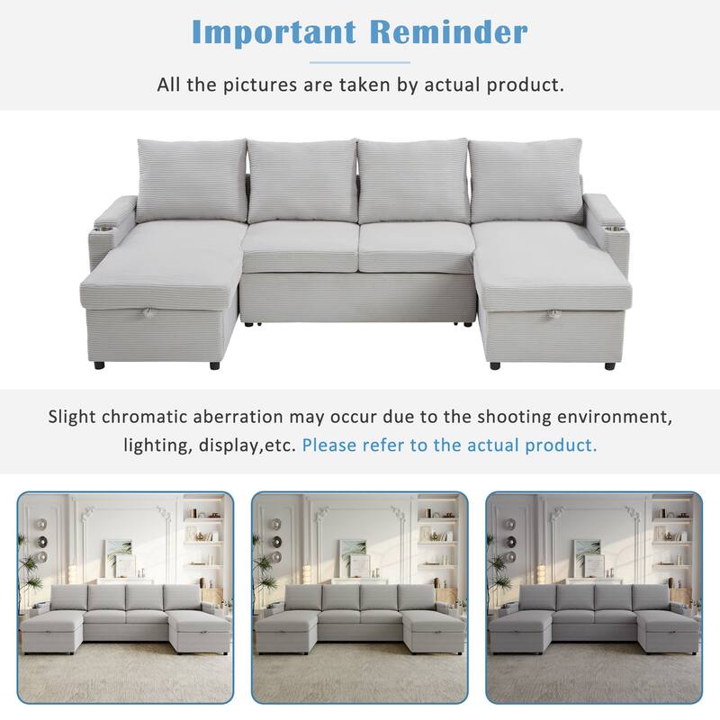 Roomfitters Convertible Sofa Bed 109.5" U-Shaped Sectional Upholstered Sofa with Storage Chaise, Cup Holders and USB Ports