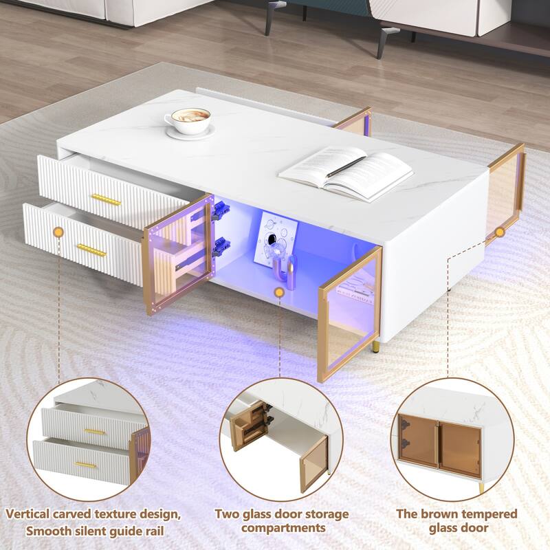 47.2" Modern Coffee Table with 2 Glass Door, 4 Drawers and Multi-Color Lighting