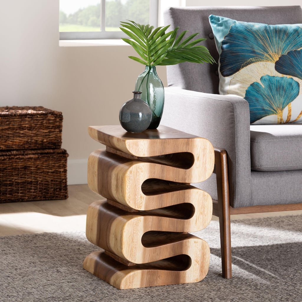 Eliada Hand-carved Suar Wood Side Table - Wavy Sculptural Accent Table, Modern Boho Style for Living Room or Bedroom