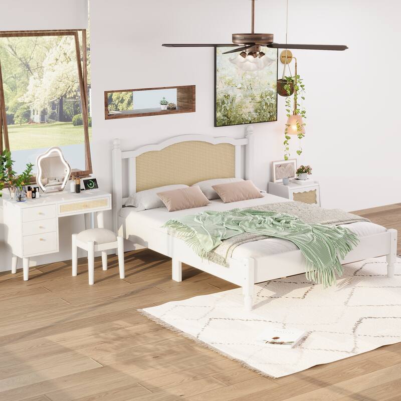 Wooden Platform Bed with Rattan Headboard Curved Wingback Bed Vintage Bed Frame Wood Slat Support Bed with Underbed Storage