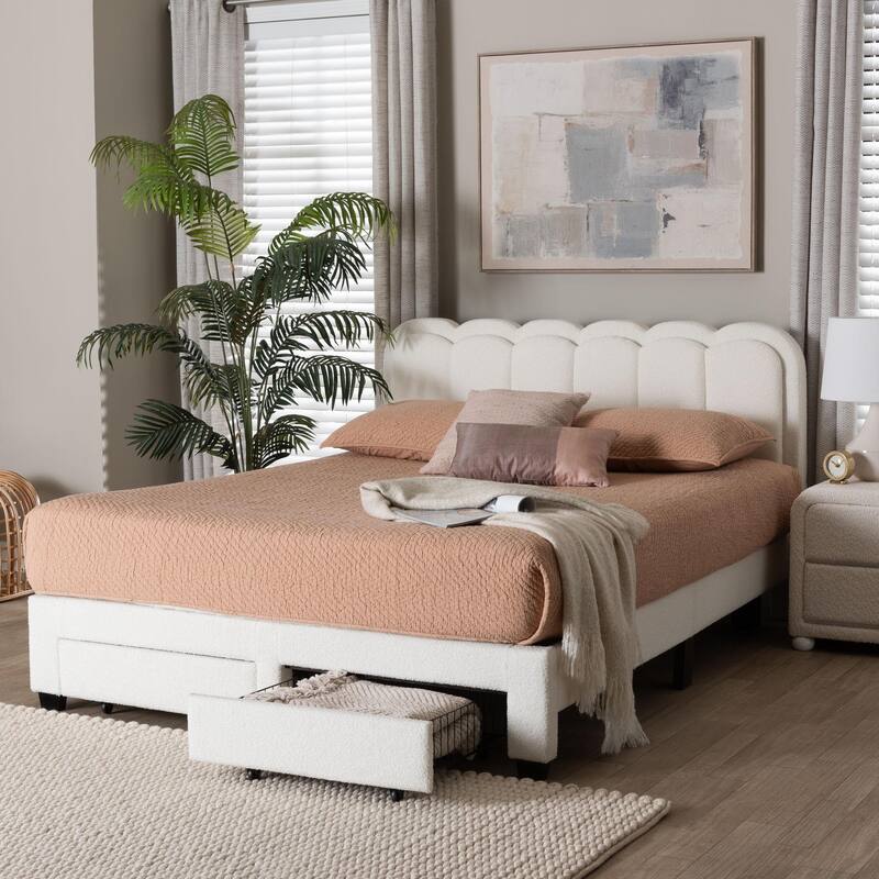 Caradonna Cream Teddy-Bear Fabric Bed with Storage Drawers - Fully Upholstered Platform Bed with Scalloped Headboard, Queen