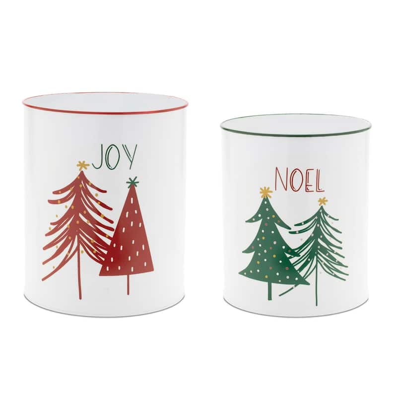 Tall Cylindrical Joy and Noel Christmas Planter - 9.5" - Set of 2