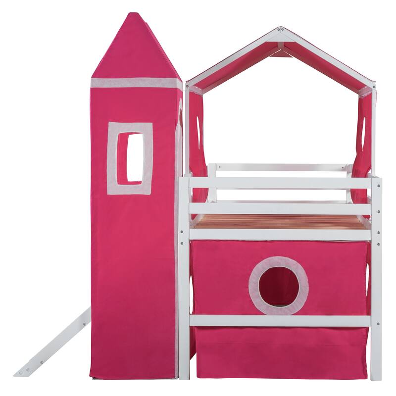 Twin Size Loft Bed with Slide, Pink Tent, and Tower - Space-Saving Fun Design