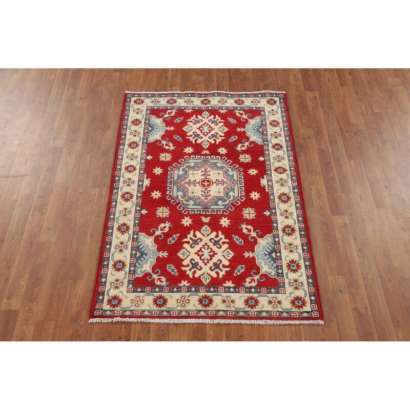 Red Geometric Kazak Rug Hand-Knotted Wool Carpet - 3'5" x 5'0"