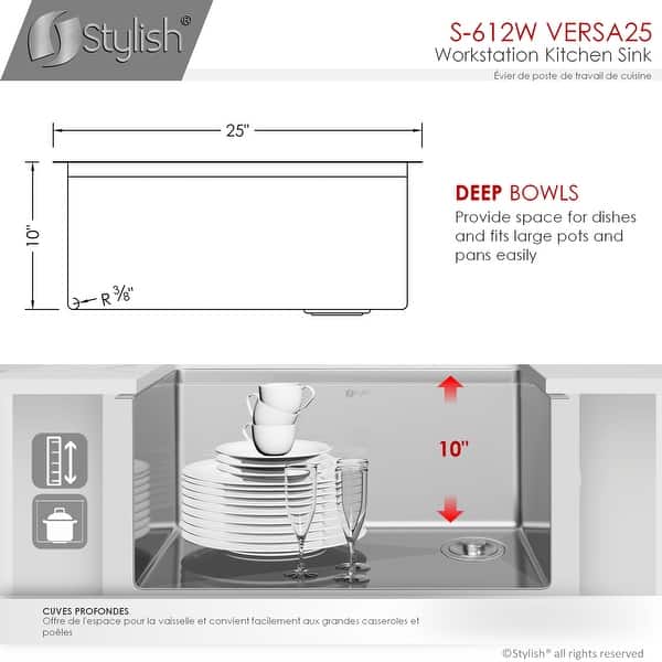 dimension image slide 1 of 2, STYLISH 25 inch Stainless Steel 16G Workstation Undermount Kitchen Sink - 25" x 19" x 10"