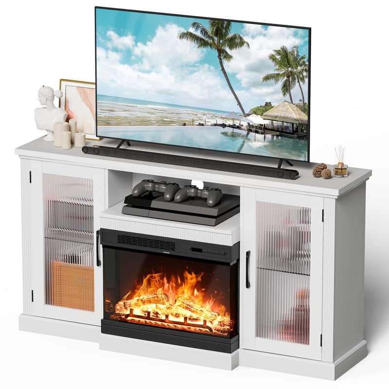 59" Glass Door TV Stand for TVs up to 65" with 24" Electric Fireplace