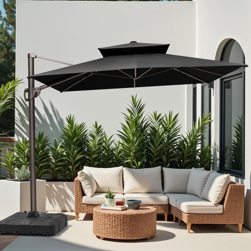 11 x 9 ft Outdoor Rectangular Patio Offset Cantilever Umbrella with 360-degree Rotation and 6 Shade Angles - Black - with Base