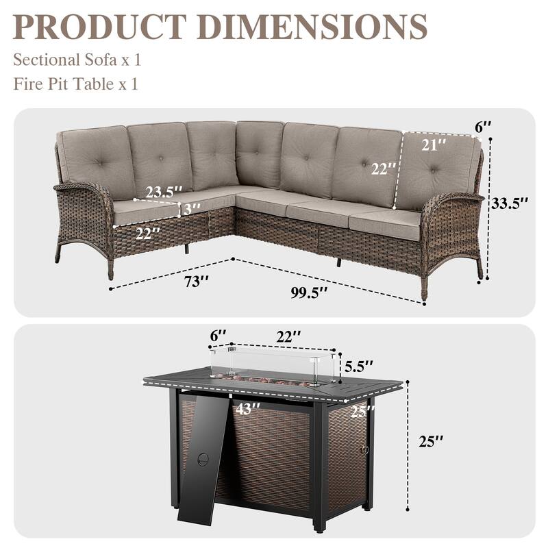 Patio Furniture Set with 43" Fire Pit Table -Beige - Brown