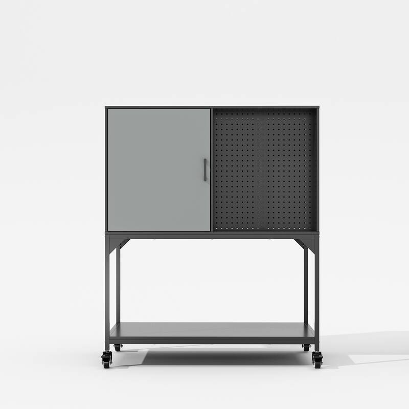 Industrial Metal Storage Cabinet with Pegboard, Adjustable Shelves and Wheels, Garage Tool Organizer with Soft-Close Doors