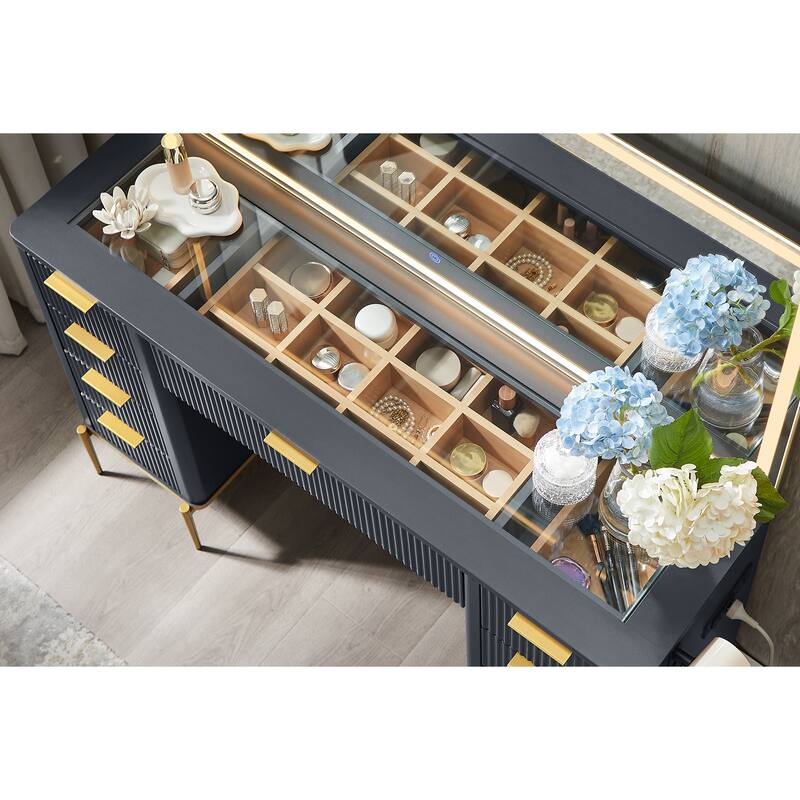 Modern Fluted Makeup Vanity Desk with Mirror, Lights, Charging Station