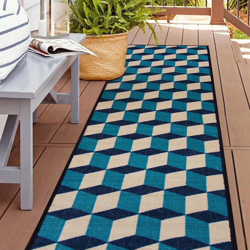Contemporary Geometric Flatweave Indoor/Outdoor Area Rug - 2'x7' Runner - Blue