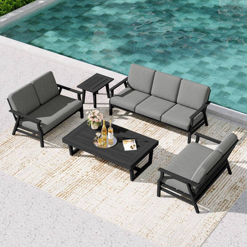 Teak Outdoor Seating Set with Daybed & Tables. - Black Wood - Grey/5-piece