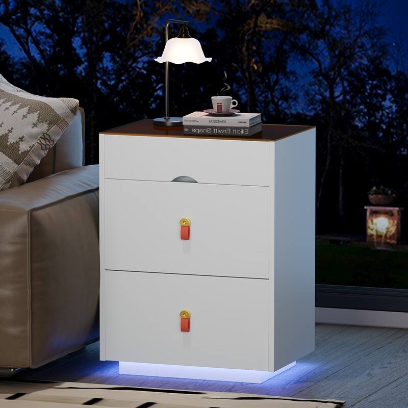 3-Drawer 30'' Nightstand with LED Light, Bedside Table with Glass Top