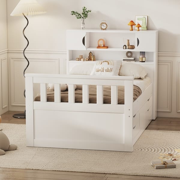 Storage Bed For Childrens White Single Bed White Solid Wood Macaron Twin Toddler Platform Bed, Safety Rails main image 0