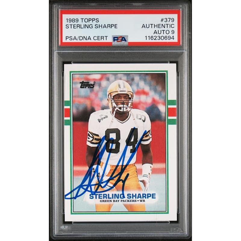 Sterling Sharpe 1989 Topps Signed Football Rookie Card #379 Auto Graded PSA 9 Cert # 116230694 - 8' x 11'
