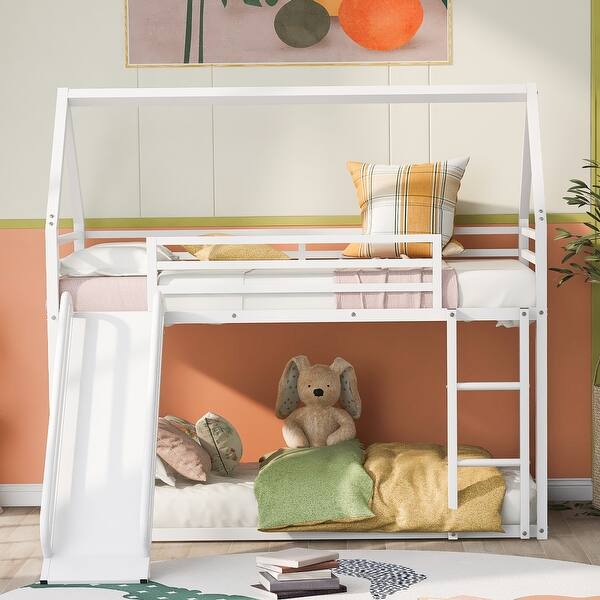 slide 2 of 11, Twin over Twin House Bunk Bed with Slide & Ladder, White White