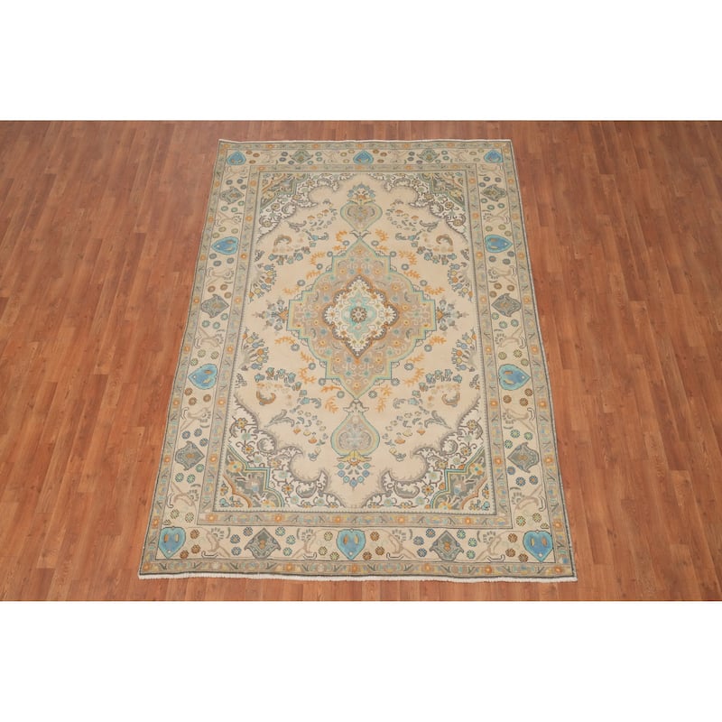 Hand Knotted Oriental 100% Wool Carpet Traditional Floral Beige & Ivories Tabriz Area Rug - 9' 3'' X 6' 3''