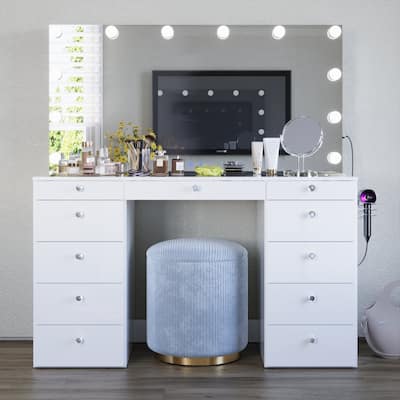 Boahaus Elle Makeup Vanity with Bluetooth Speaker, 12 Lights, and 11 Drawers