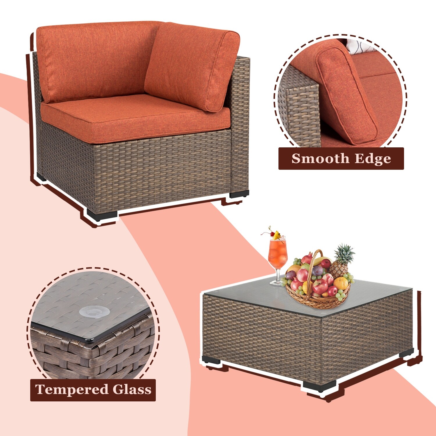 Shop Kinbor 7 Piece Patio Furniture Set Outdoor All Weather Rattan Sectional Sofa Cushioned Conversation Set W Coffee Table Overstock 31636172 Maple Orange