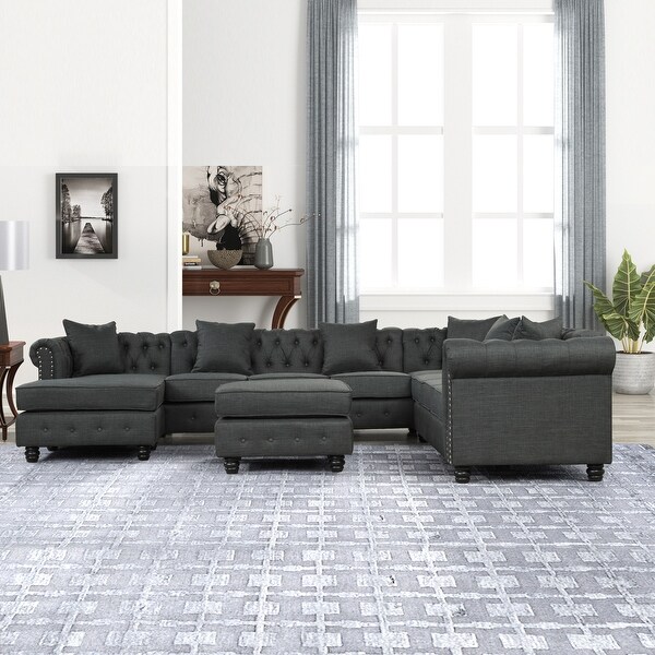 Chesterfield Sectional Sofa with Ottoman and 6 Pillows U-Shape