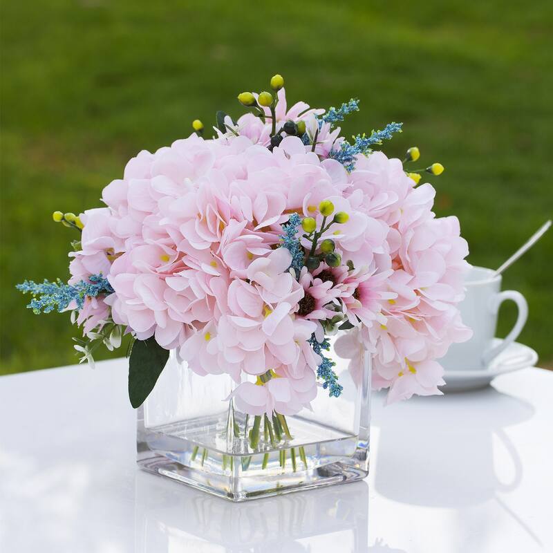 Enova Home Mixed Artificial Silk Hydrangea Faux Flowers Arrangement in Cube Glass Vase with Faux Water Home Wedding Decoration