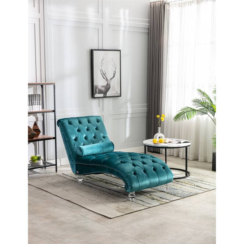 Leisure Concubine Sofa with Acrylic Feet, Traditional Chaise Velvet Barrel Sofa with Lumbar Support Pillow for Living Room