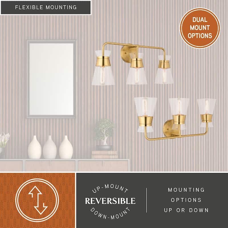 Harper Gold Brass Mid-Century Modern Bathroom Vanity Light Fixture Clear Glass