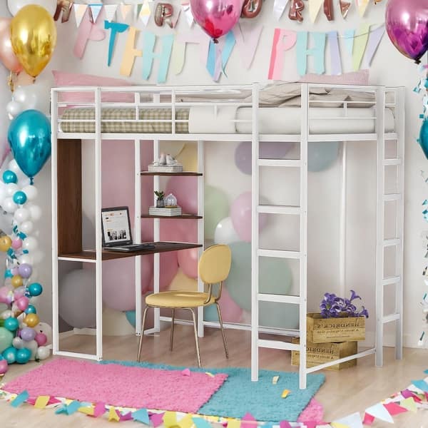 slide 2 of 60, Twin Size Loft Bed With 2 Shelves And 1 Desk,2 Built-in Ladders for Home White