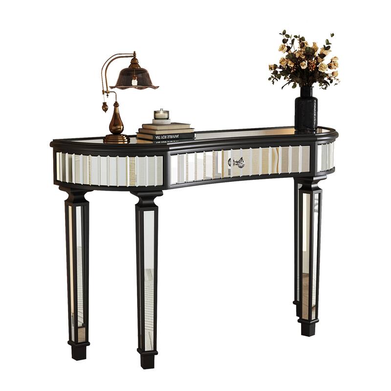 Half-Moon Mirrored Makeup Table Console Table with Fluted Glass Panels, Entryway Accent Table with Crystal Knob Drawer