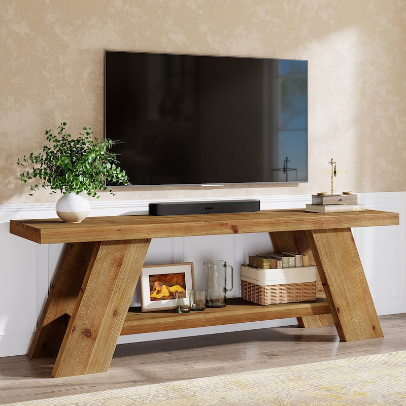 Solid Wood TV Stand for 55/60/65-inch TVs, Entertainment Center with 2 Tier Shelf - Brown