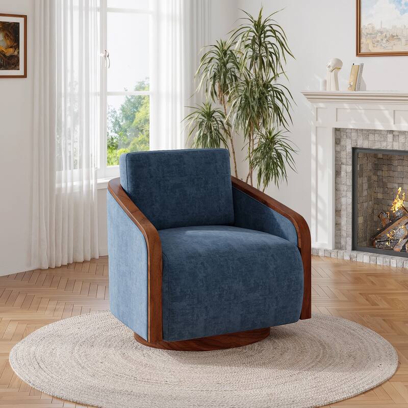Upholstered Swivel Barrel Chair with Curved Wood Arms
