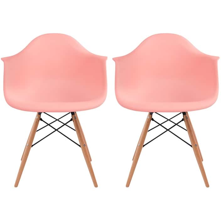 Set of 2 Plastic Accent Modern Designer Dining Chair With Arms Molded Shell Desk Natural Wooden Legs Kitchen Patio - Coral Pink