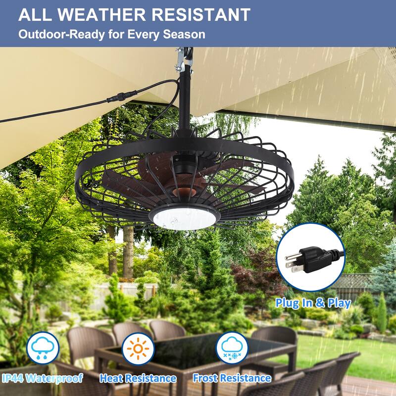Outdoor Ceiling Fan with Light: 20 Inch Waterproof Gazebo Hanging - Plug in Remote App Control Caged Fans - 6 Speed Black