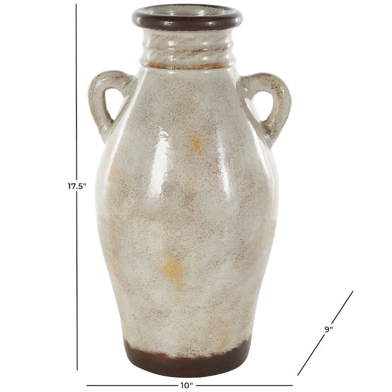 Cream Ceramic Antique Amphora Decorative Vase with Speckled Texturing and Yellow and Brown Accents