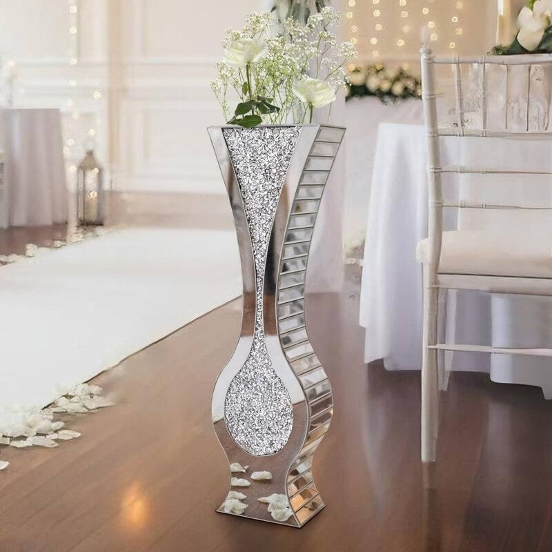 27" Tall Silver Mirrored Floor Vase Glam Crushed Diamond Vases - Silver