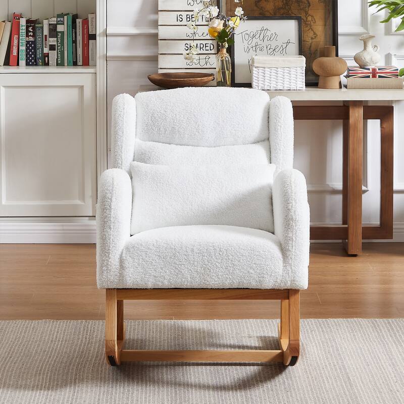 Ivory Modern Upholstered Rocking Chair with Sturdy Thickened Rubber Wood Base and Side Pocket