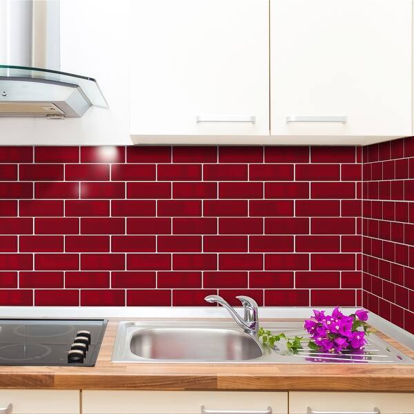 Shop Walplus Cherry Red Metro 3d Metro Backsplash Tile Stickers Peel And Stick Overstock 31813446