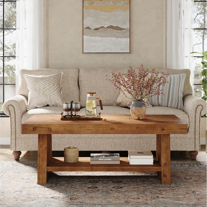 Solid Wood Coffee Table with Storage Shelves, 2 Tier Center Table for Living Room, Farmhouse Style