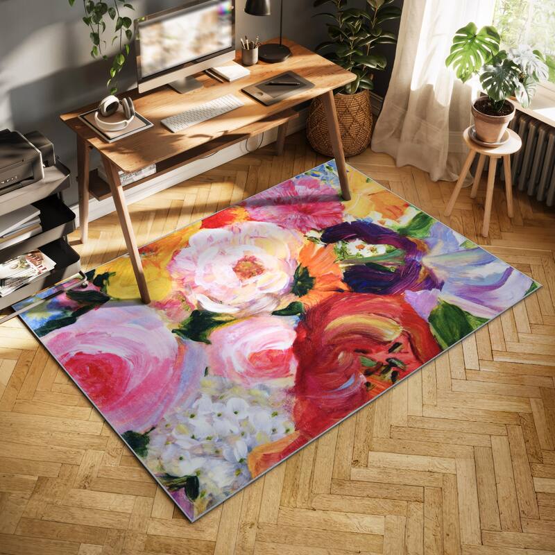 Yellow and Violet I, Hand Washable Flowers Art Area Rug, power-loomed, 100% polyester, 2mm pile, non-slipping back - 5' x 7.5'