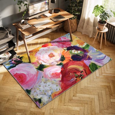 Yellow and Violet I, Hand Washable Flowers Art Area Rug, power-loomed, 100% polyester, 2mm pile, non-slipping back