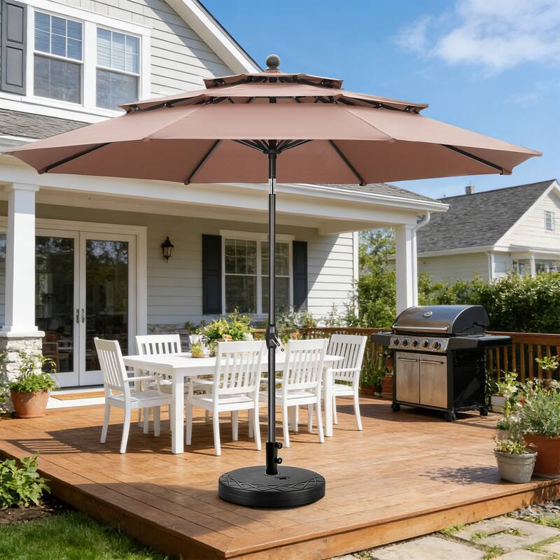 Ainfox 10 ft Patio Umbrella with Base 3 Tiers Outdoor Market Umbrella - Brown