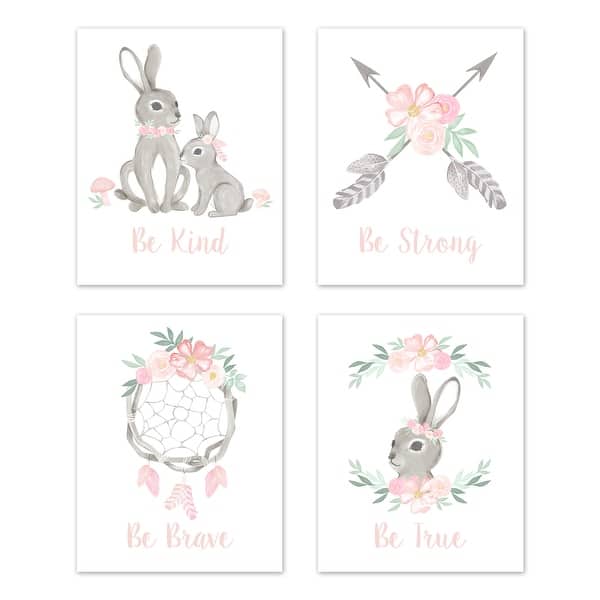 slide 2 of 6, Sweet Jojo Designs Pink Grey Woodland Boho Dream Catcher Bunny Floral Collection Wall Decor Art Prints (Set of 4) - Rose Flower
