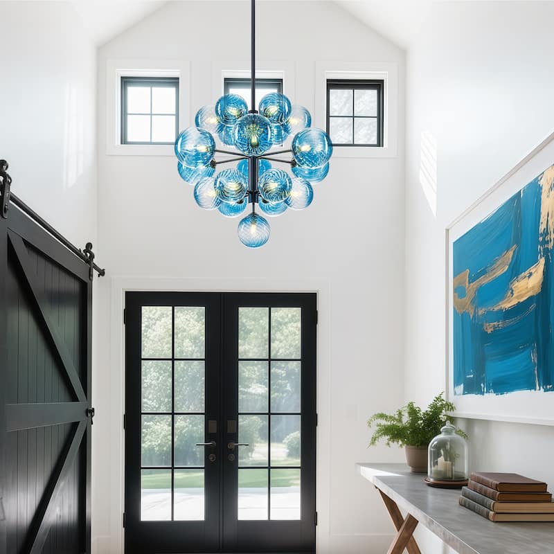Starsky 19-Light Glam Tiered Cluster Blue Swirled Bubble Chandelier