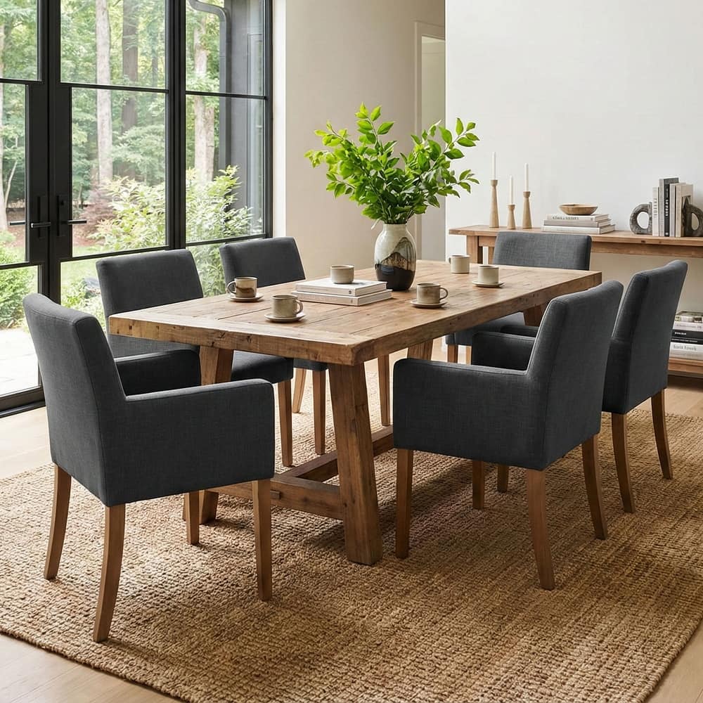 Linen Upholstered Armchairs with Wide Seat, High Back and Solid Wood Legs, Set of 6