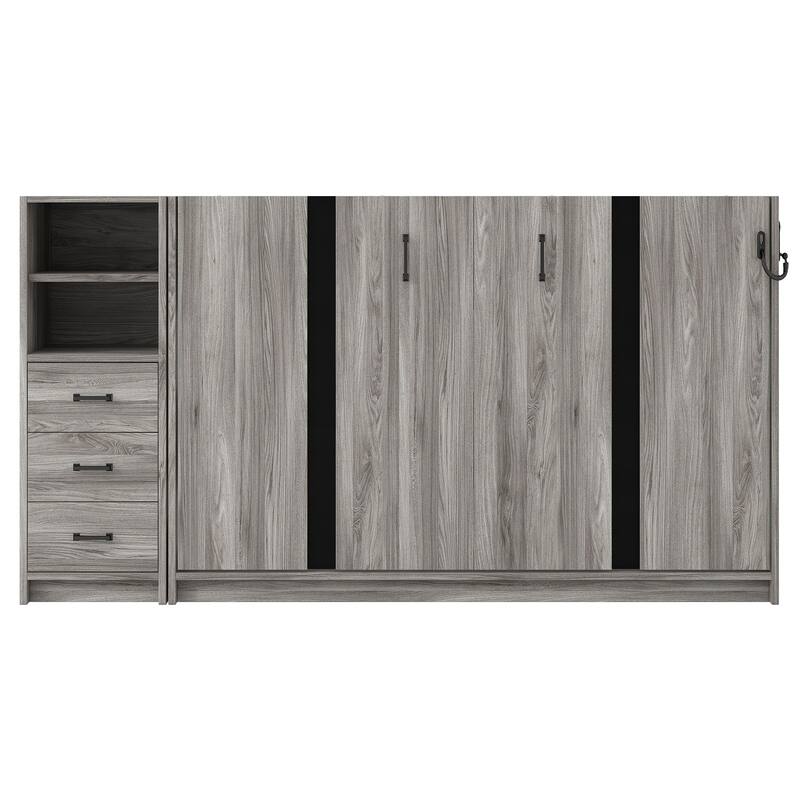 Multifunctional Gray Wood Finish Twin Murphy Bed with Storage Drawers & LED Light