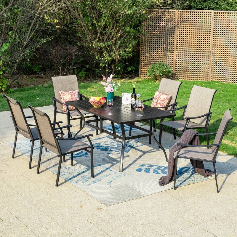 MAISON ARTS 7-Piece Patio Dining Set, Rectangle Metal Table and 6 Textilene Fabric Padded Armchairs