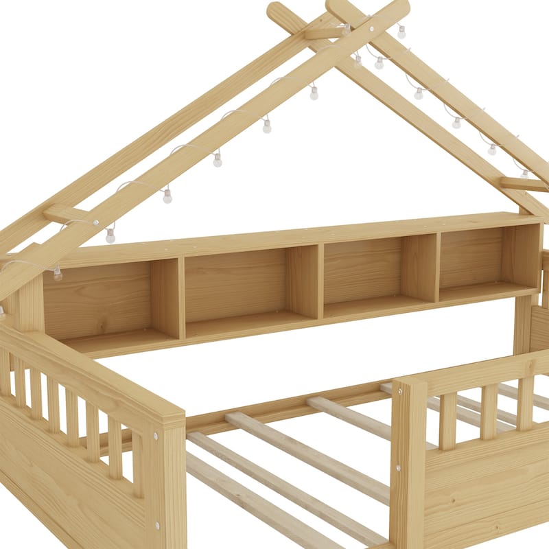 Floor Bed House Bed Frame with Storage Shelf Safety Guardrails