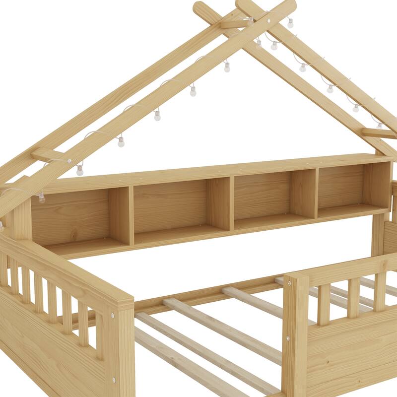 Twin/Full Floor Bed with Storage Bookshelves & Roof Shape for Kids