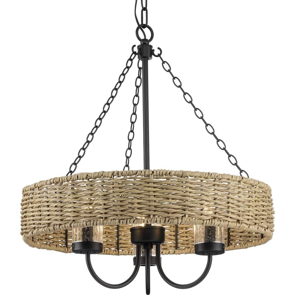 Pembroke Collection 3-Light 21.5 in. Matte Black Outdoor Pendant with Mocha Rattan Accents and Seeded Glass Shades - Large