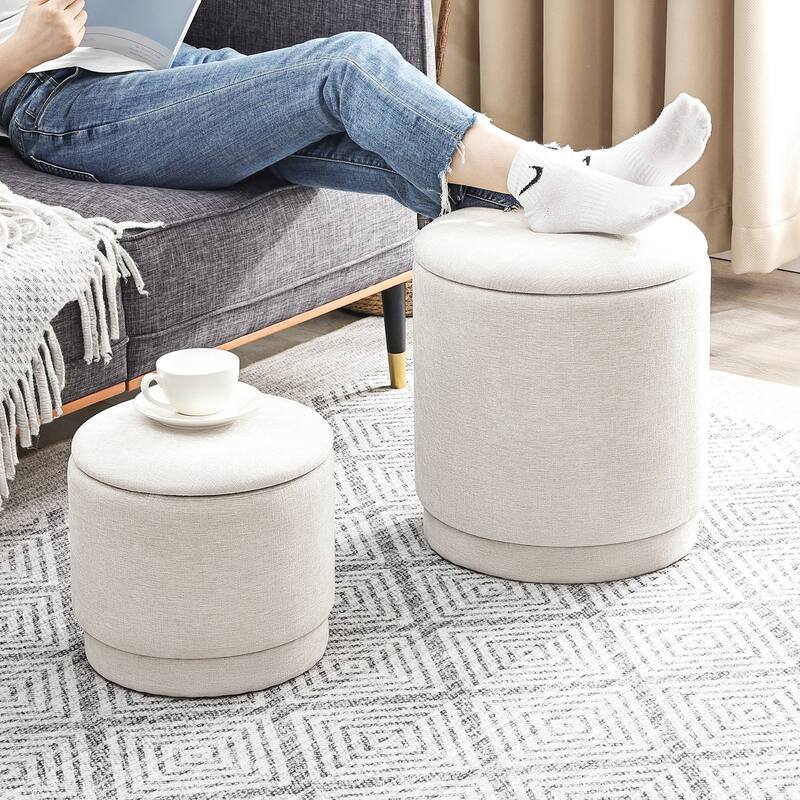 Adeco 2-Piece Round Fabric Storage Ottoman Set with Removable Lids